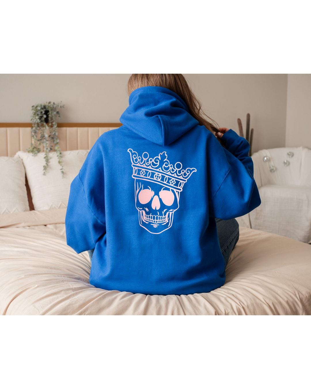 Reign Supreme Hoodie – Royal Blue Pullover with Pink Crowned Skull Graphic for Edgy Regal Style