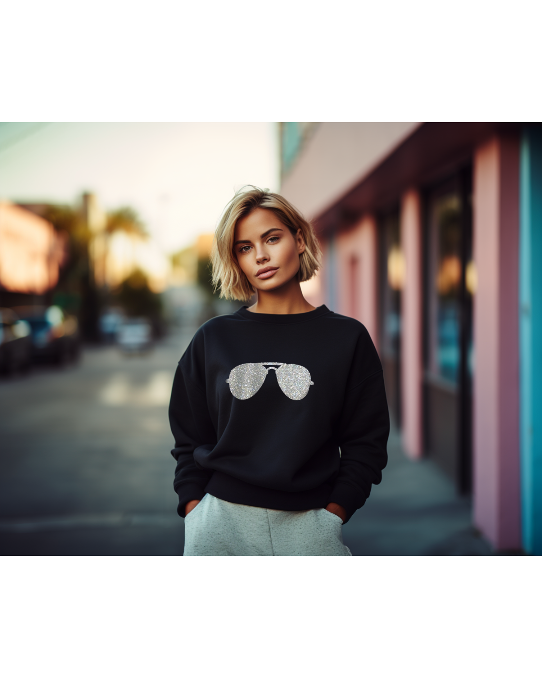 The Shady Sweatshirt – Black Pullover with Glitter Aviator Sunglasses Graphic for Bold Urban Style