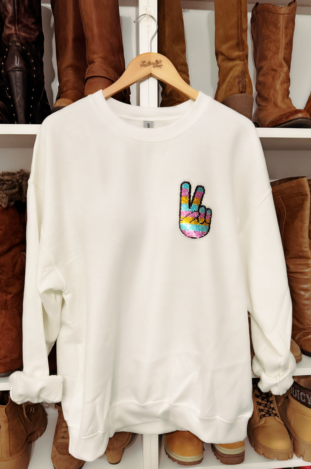 Sparkle & Peace | Soft White Sweatshirt with Sequin Peace Sign Patch