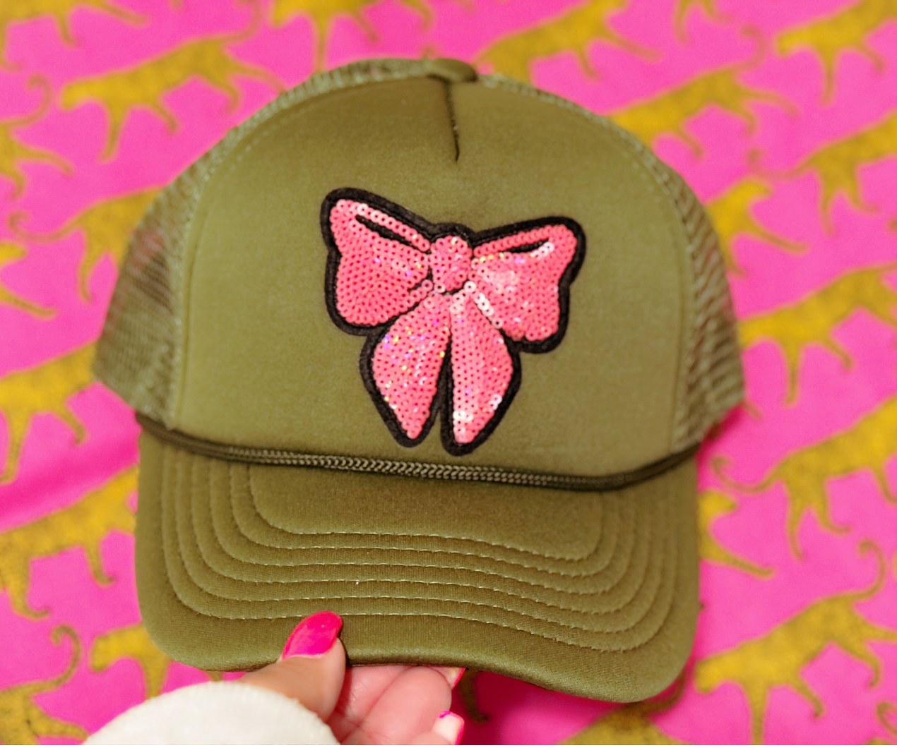 Sparkle & Style | Olive Green Trucker Hat with Pink Sequin Bow