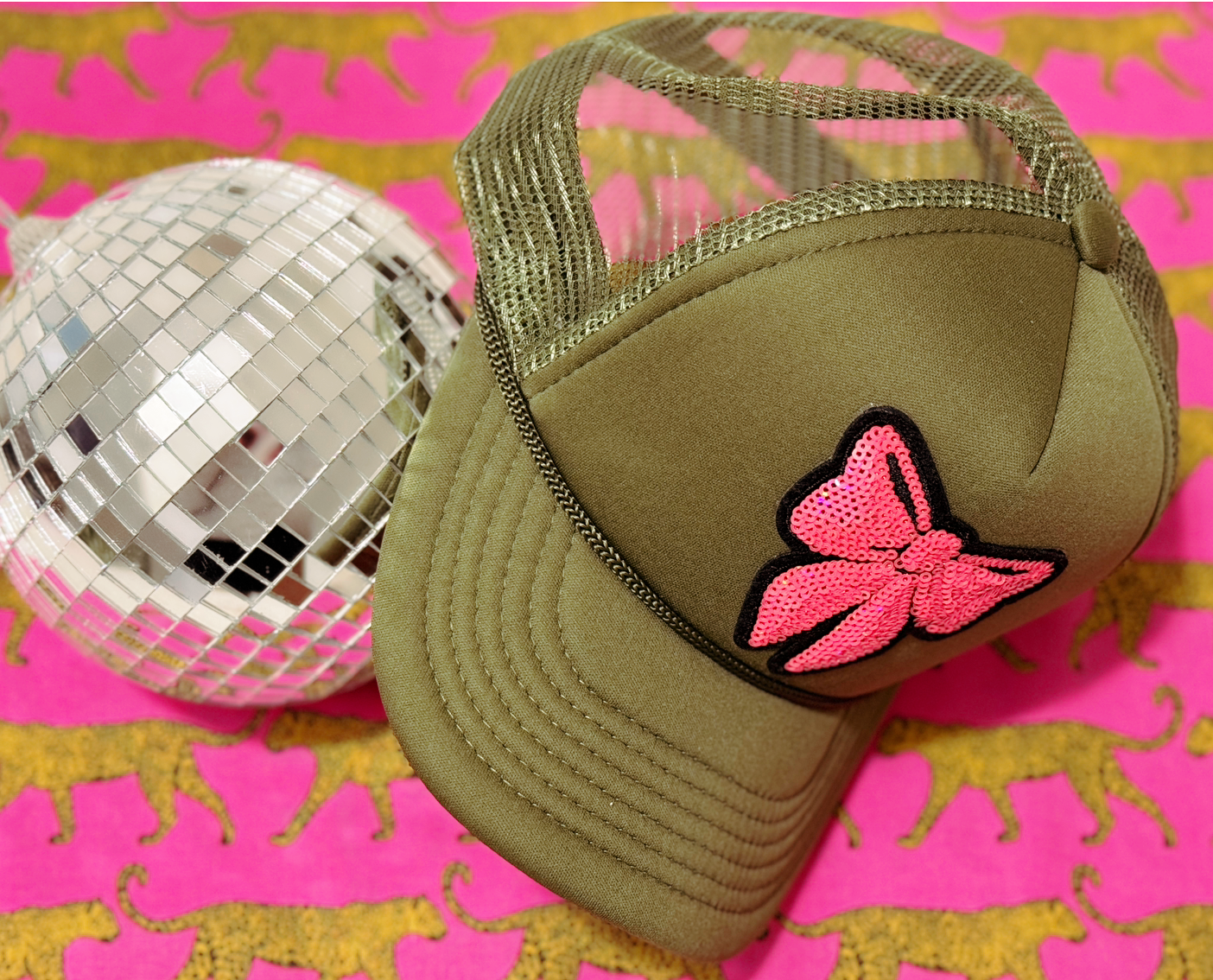 Sparkle & Style | Olive Green Trucker Hat with Pink Sequin Bow