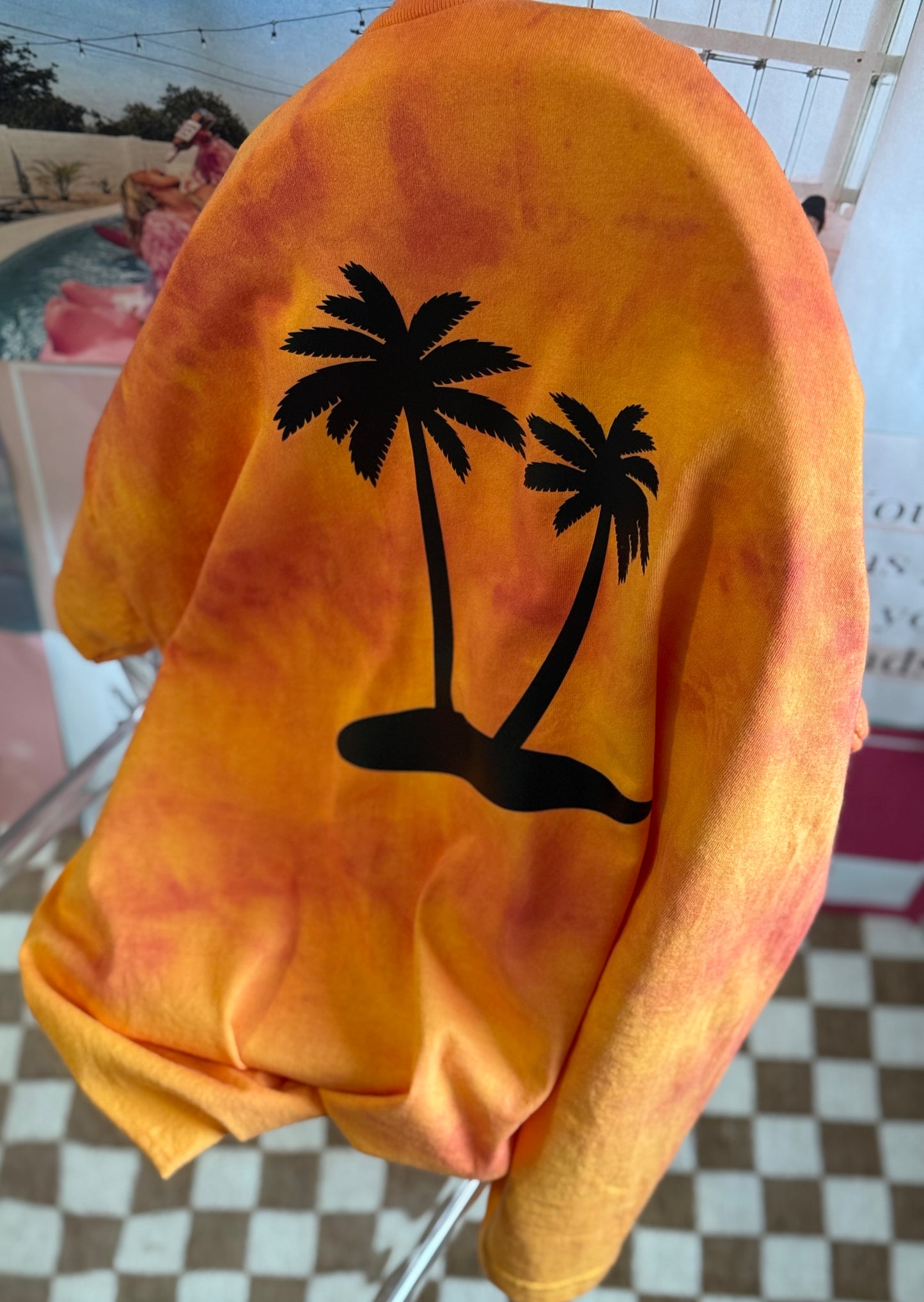 Sunset Palms Tee – Hand-Dyed Orange & Yellow with Bold Black Palm Graphic