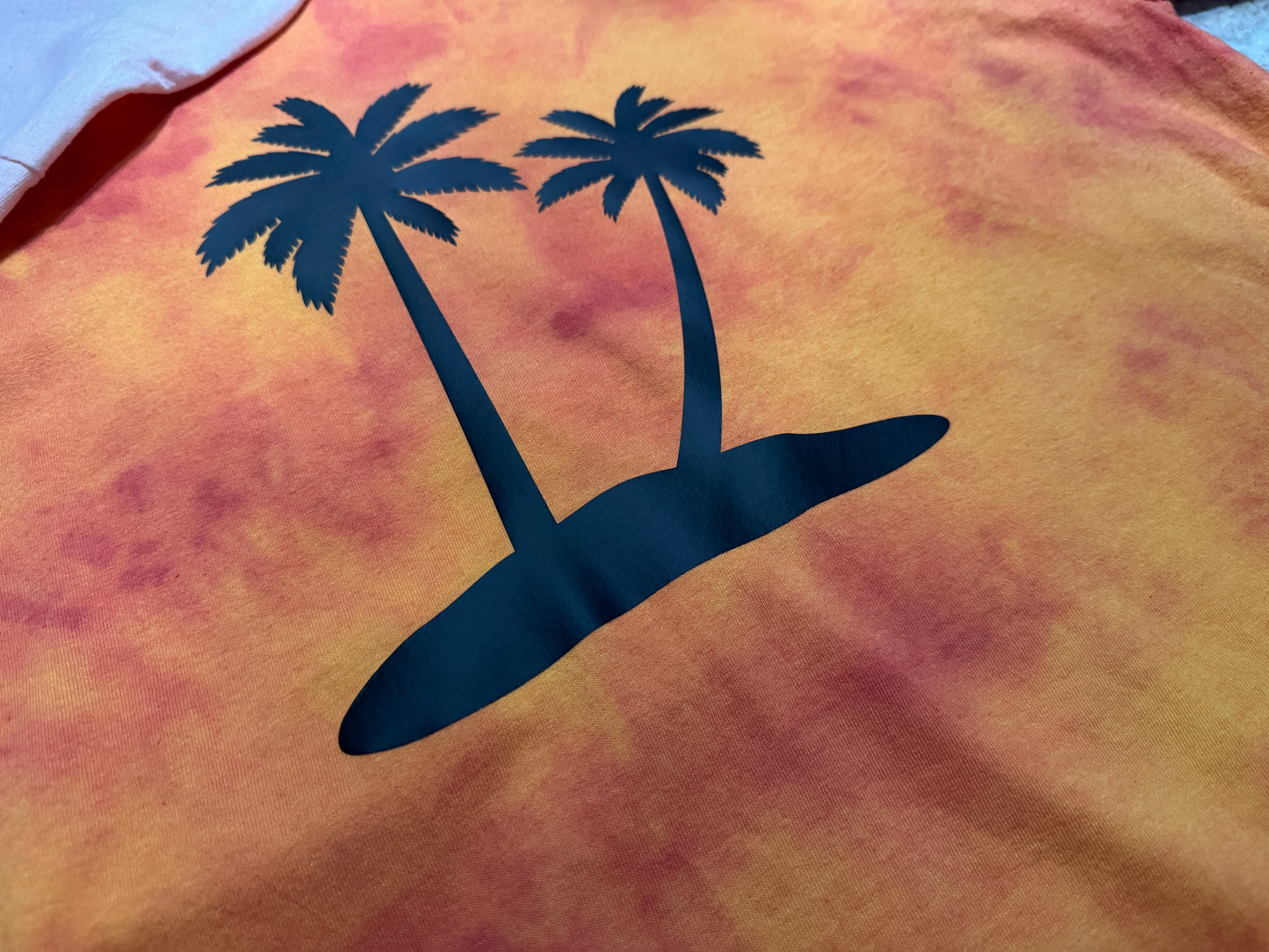 Sunset Palms Tee – Hand-Dyed Orange & Yellow with Bold Black Palm Graphic