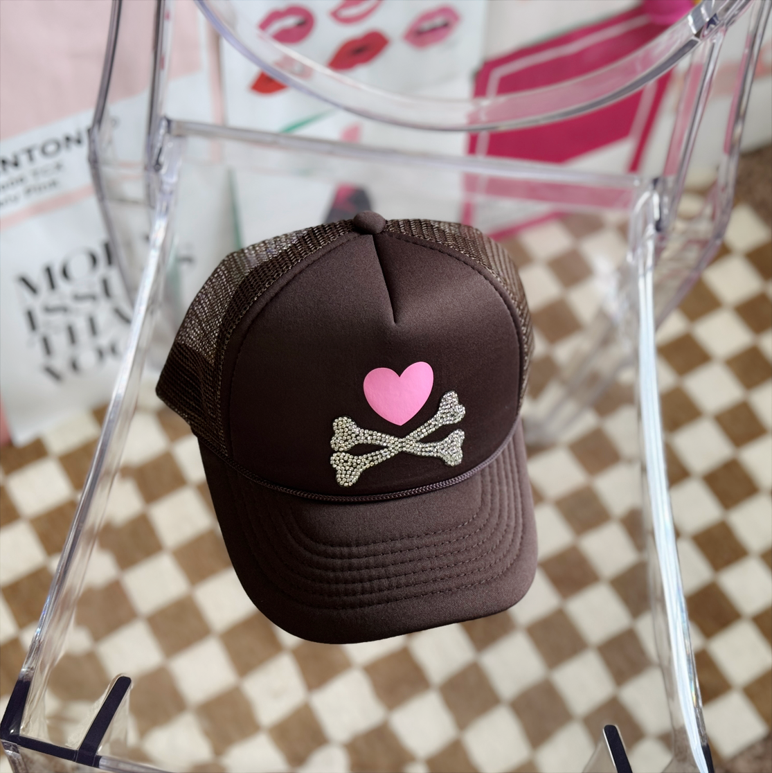 Sweet & Savage Trucker Hat – Brown with Pink Heart & Rhinestone Crossbones