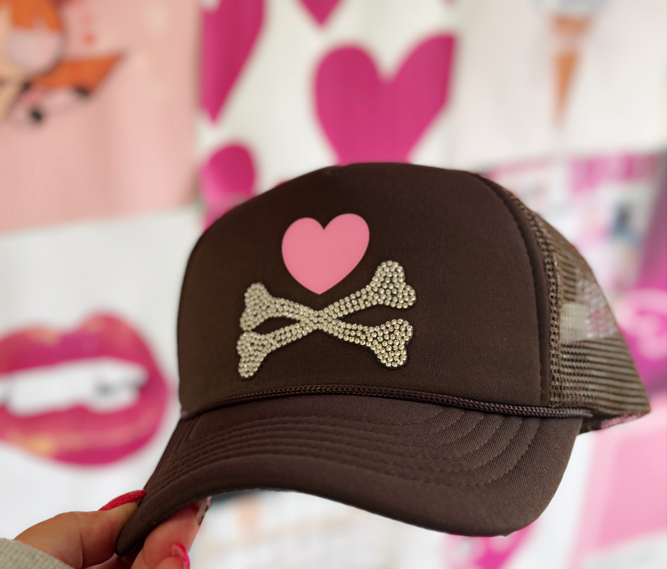 Sweet & Savage Trucker Hat – Brown with Pink Heart & Rhinestone Crossbones
