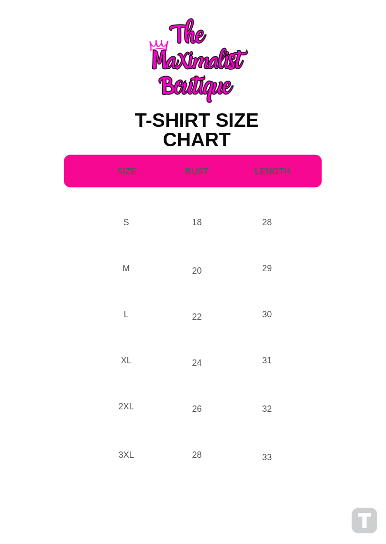 The Maximalist Boutique T-shirt Size Chart