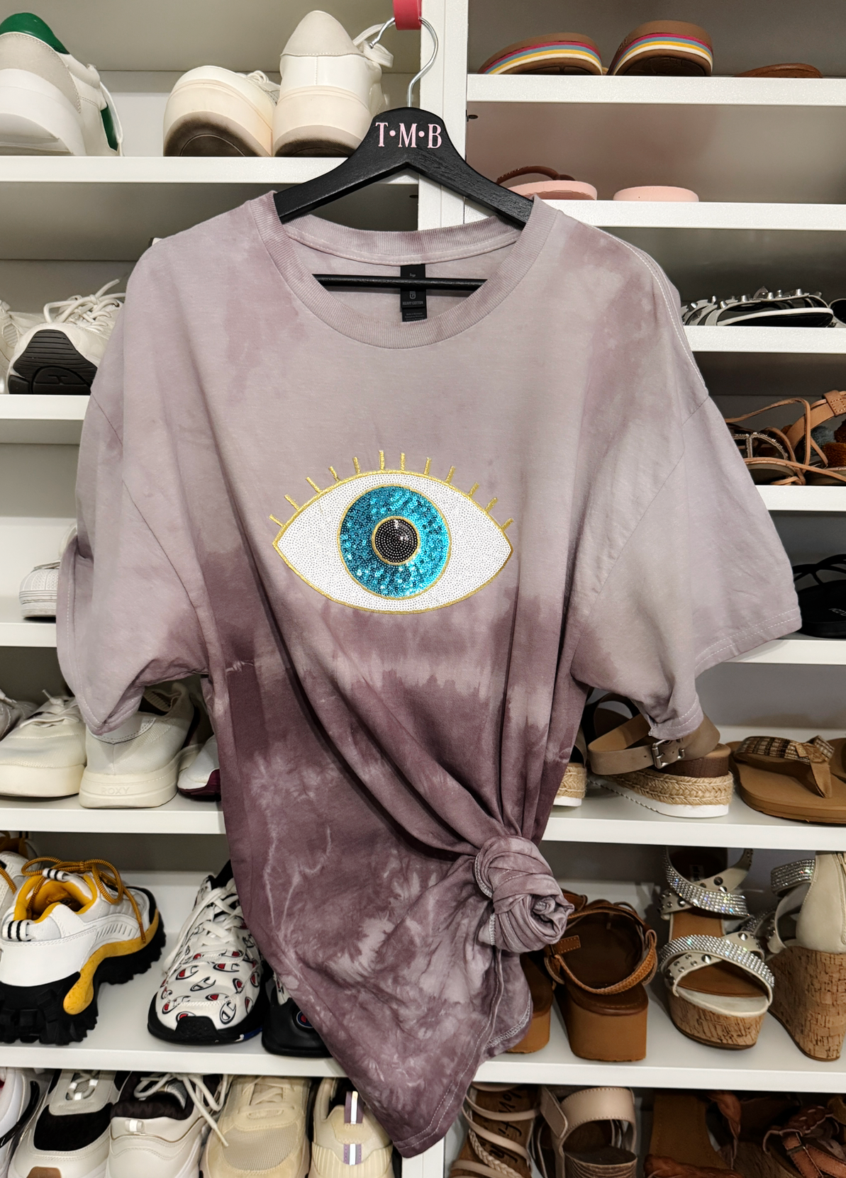 Violet Vision Tee – Custom-Dyed Purple with Oversized Sequin Evil Eye Patch