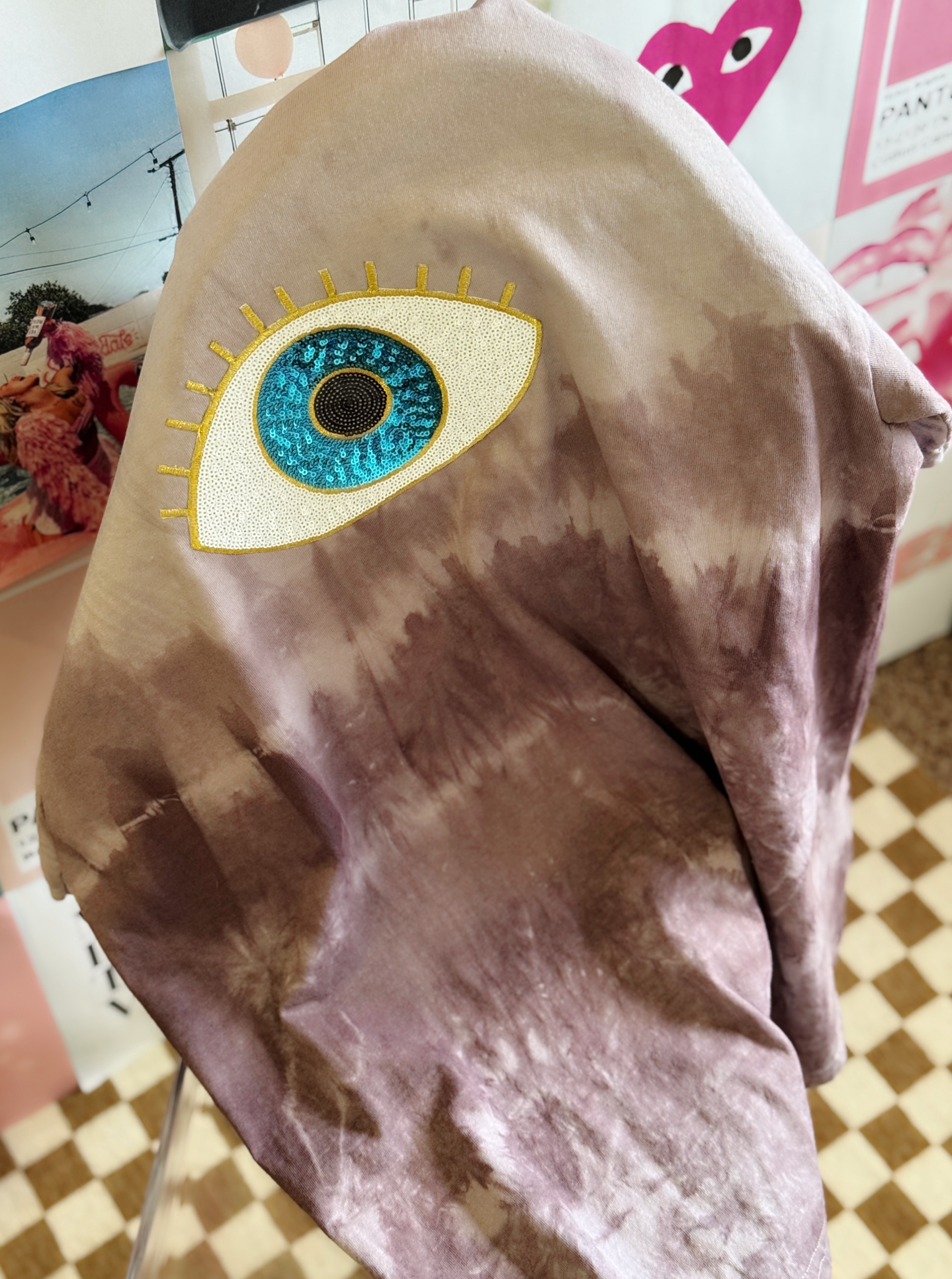 Violet Vision Tee – Custom-Dyed Purple with Oversized Sequin Evil Eye Patch