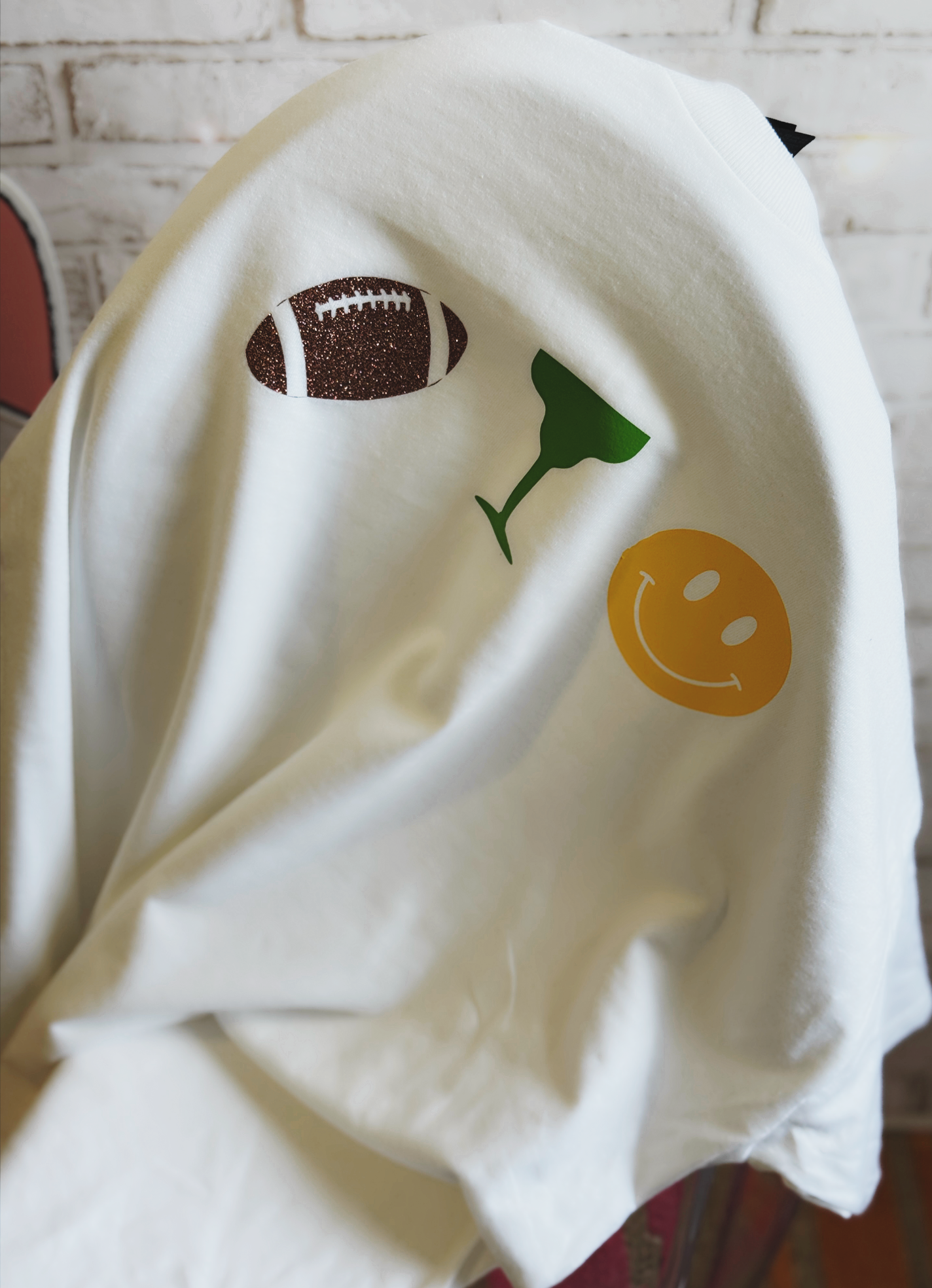 White Football Margarita Happy Face Graphic T-Shirt – Game Day Fun Tee