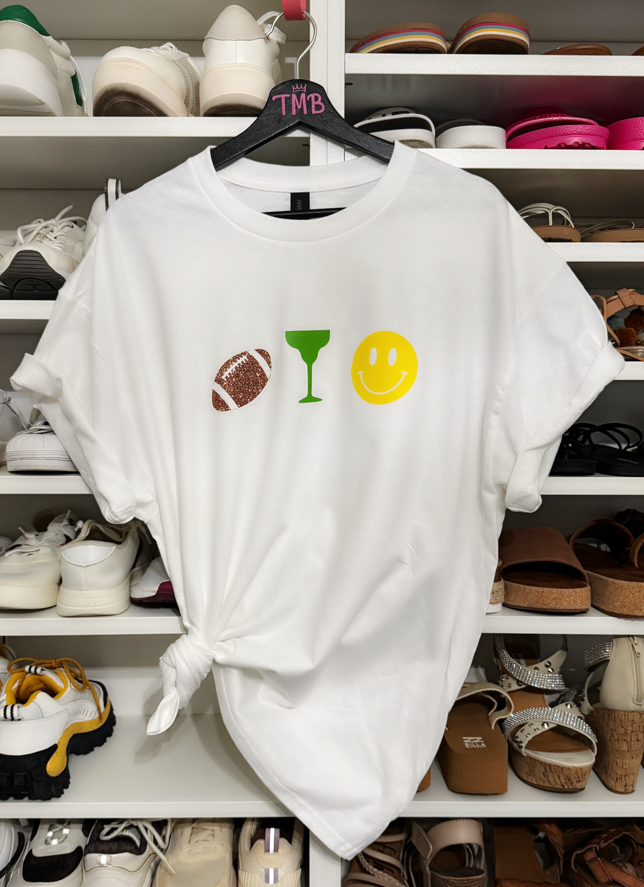 White Football Margarita Happy Face Graphic T-Shirt – Game Day Fun Tee