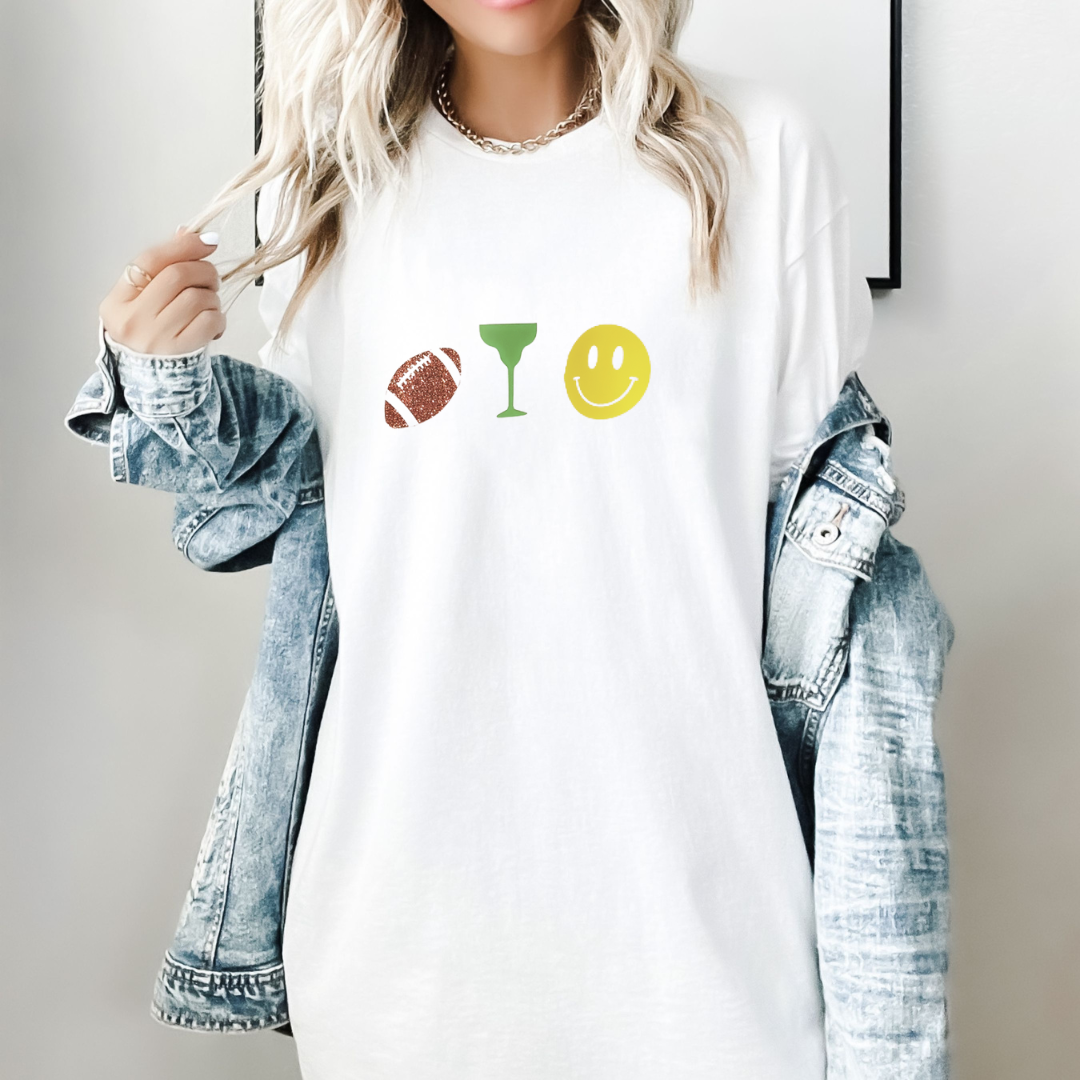 White Football Margarita Happy Face Graphic T-Shirt – Game Day Fun Tee