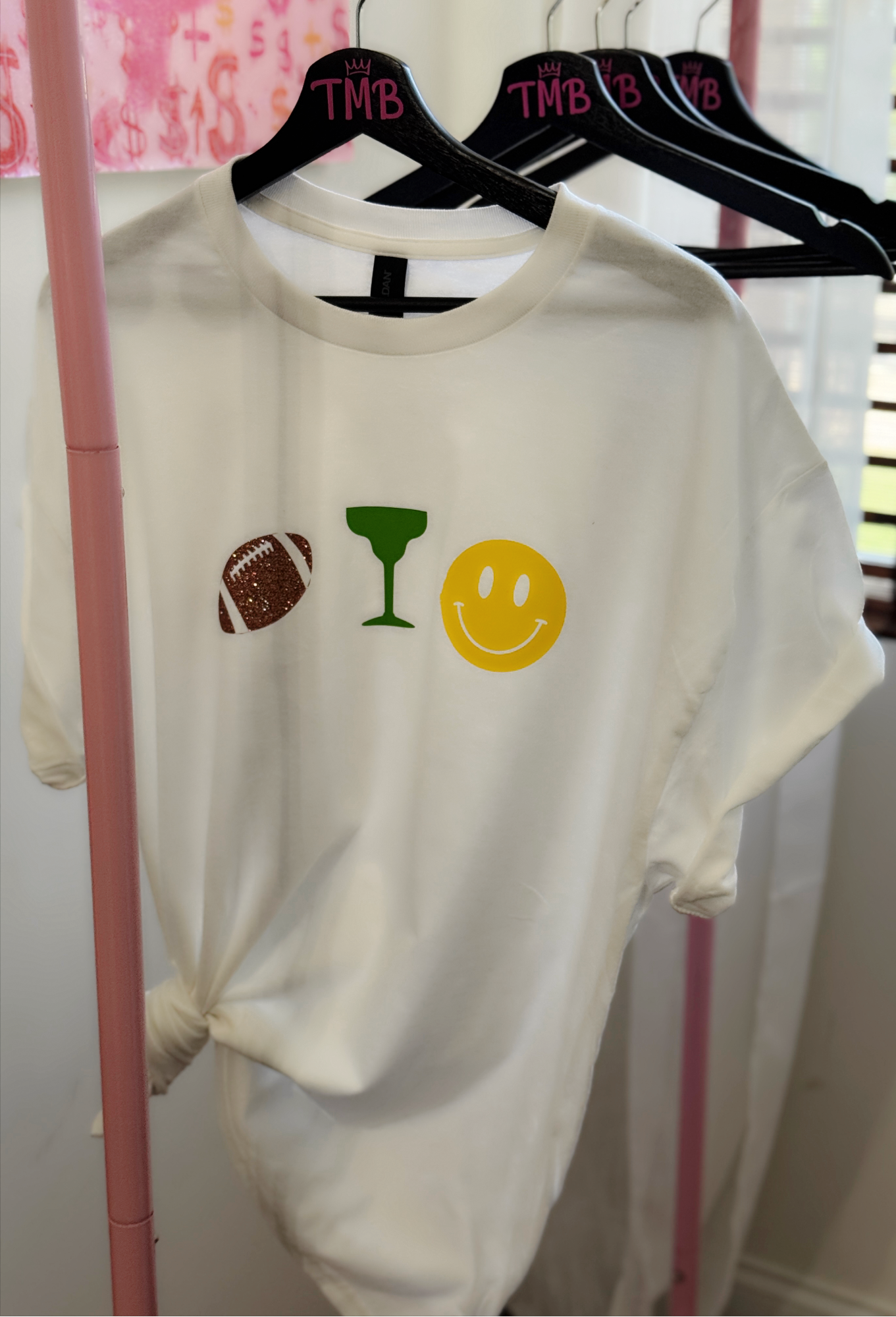 White Football Margarita Happy Face Graphic T-Shirt – Game Day Fun Tee