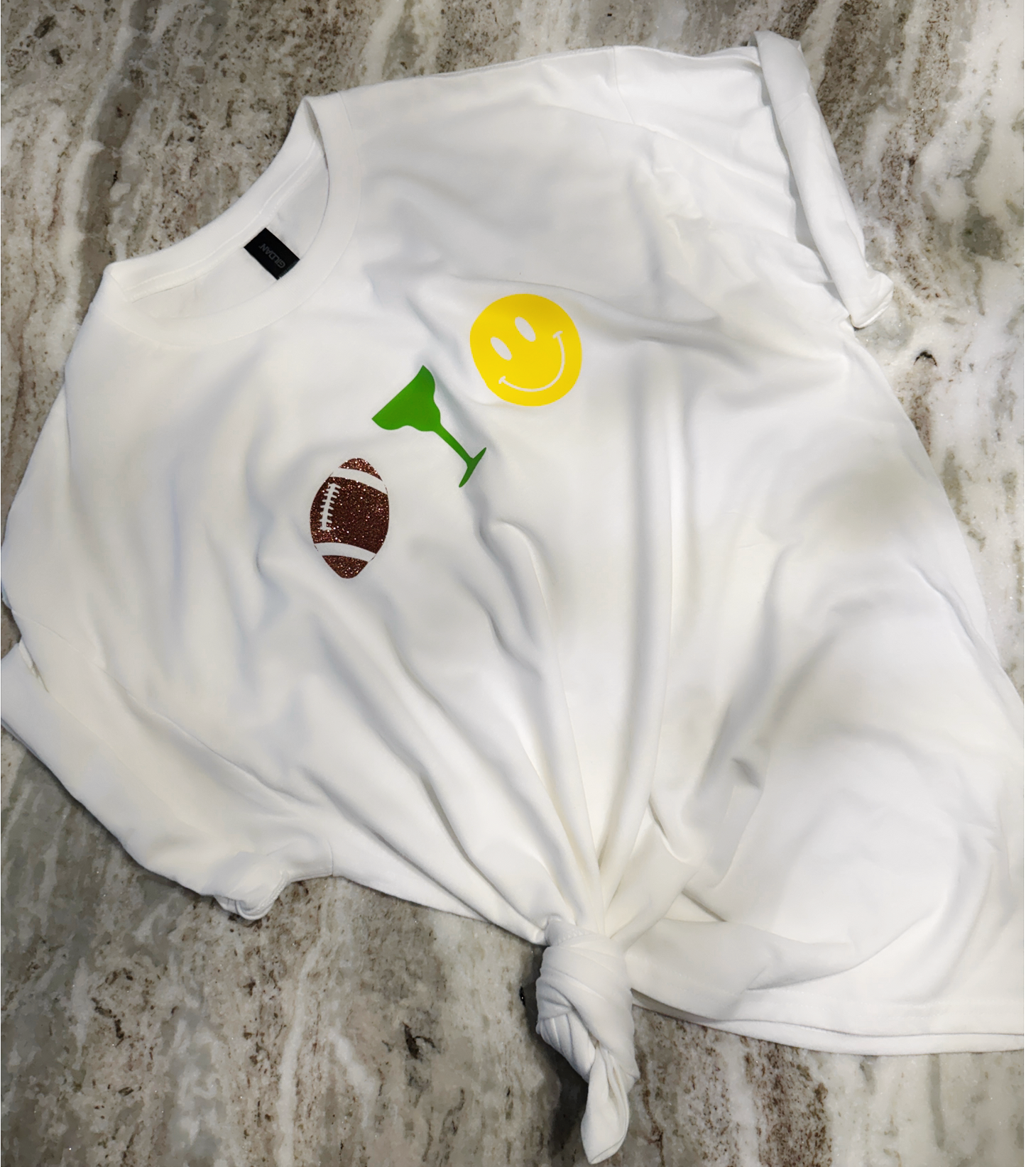 White Football Margarita Happy Face Graphic T-Shirt – Game Day Fun Tee