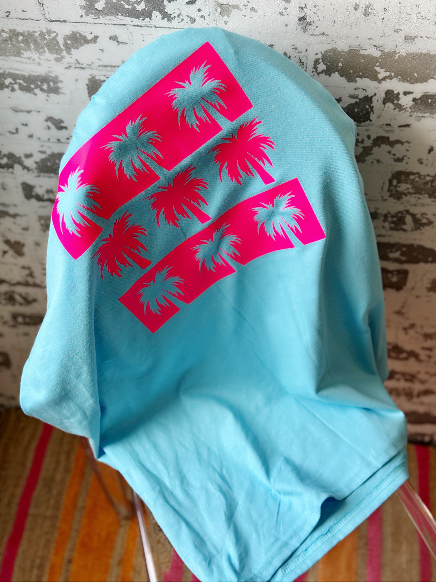 Palm Pop Tee – Turquoise Neon Pink Palm Tree Graphic T-Shirt
