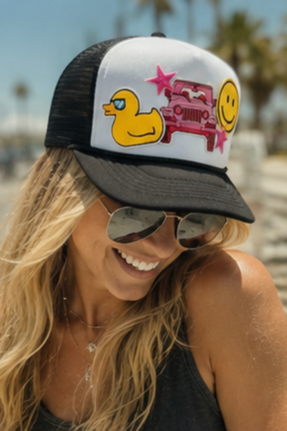 Jeep Happy Trucker Hat – Black & White Cap with Playful Patches for Road Trip Vibes