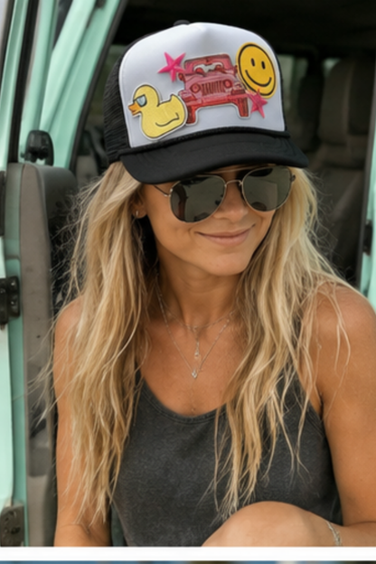 Jeep Happy Trucker Hat – Black & White Cap with Playful Patches for Road Trip Vibes