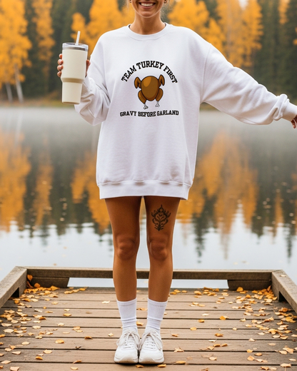 Holiday Personality Sweatshirts – Limited-Edition White Pullovers for Team Turkey & Team Tinsel
