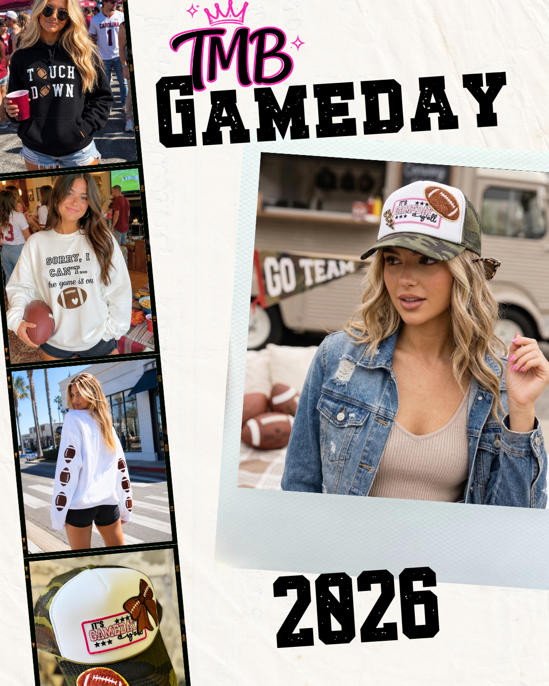 Promotional collage for 'TMB GAMEDAY' with people wearing sports-themed clothing and accessories, featuring the year 2026.