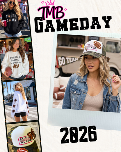 Promotional collage for 'TMB GAMEDAY' with people wearing sports-themed clothing and accessories, featuring the year 2026.