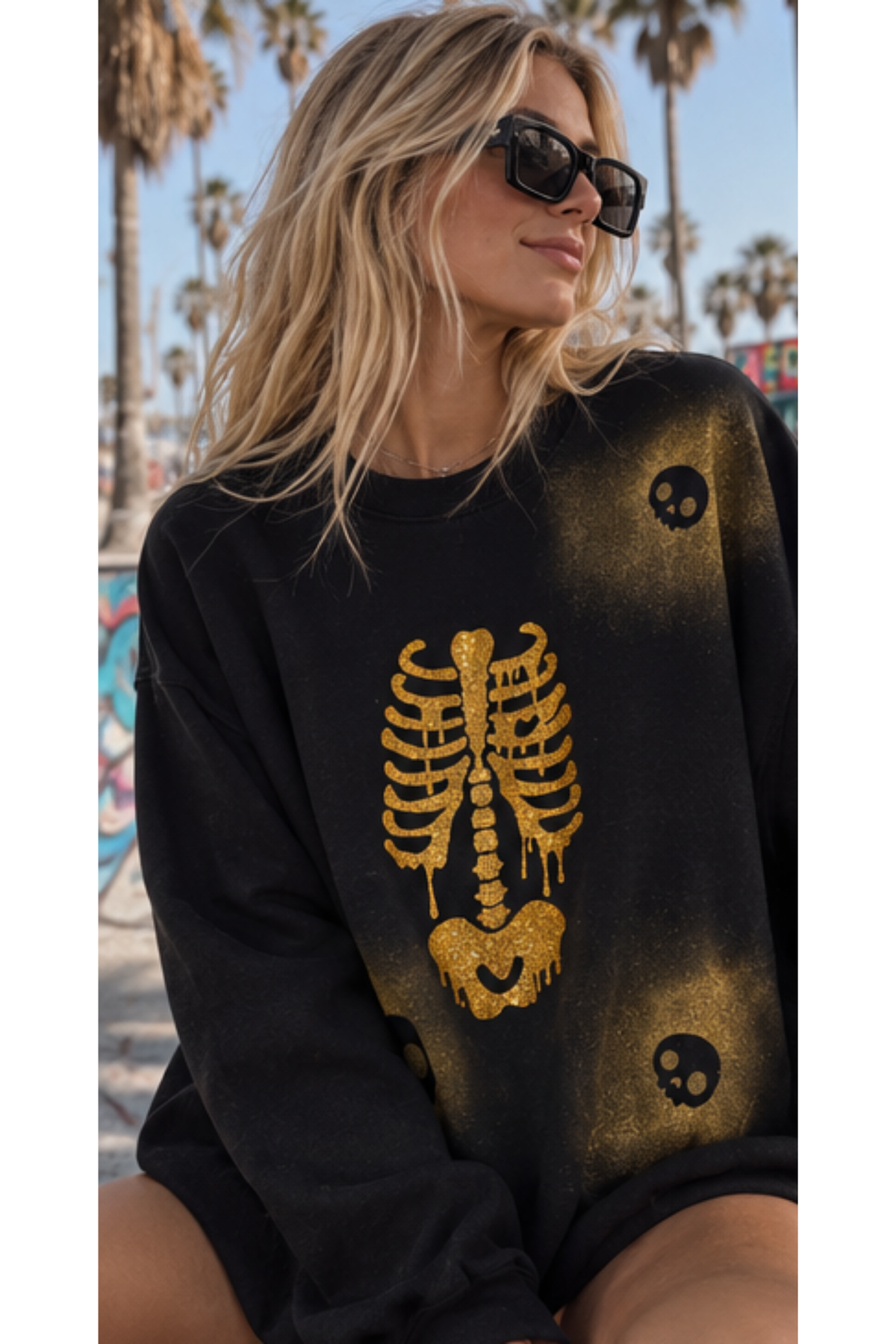 Golden Bones Hand-Painted Skull Sweatshirt | Black Unisex Graphic Sweatshirt