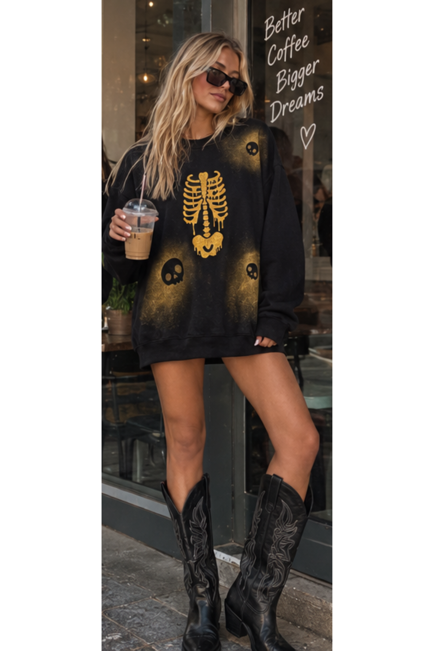 Golden Bones Hand-Painted Skull Sweatshirt | Black Unisex Graphic Sweatshirt