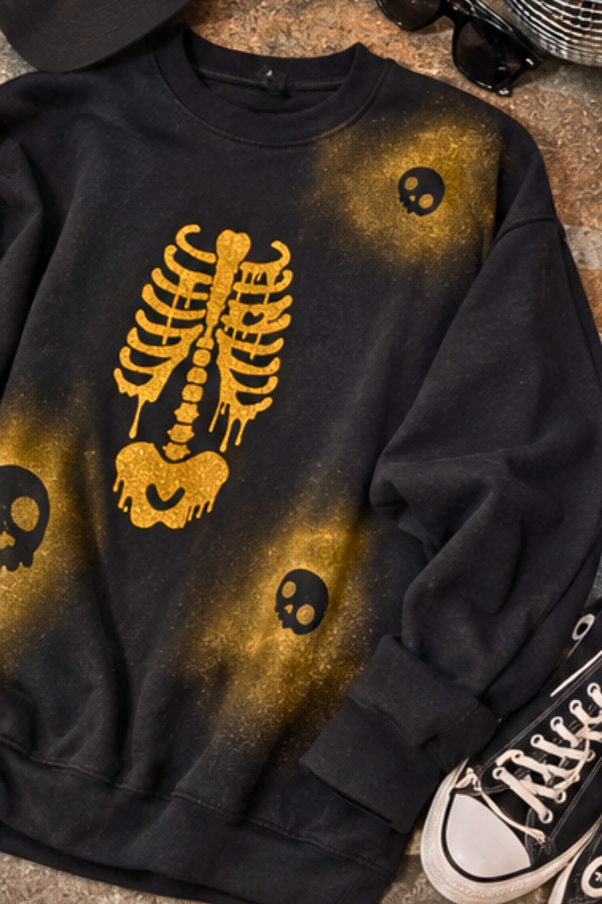 Golden Bones Hand-Painted Skull Sweatshirt | Black Unisex Graphic Sweatshirt
