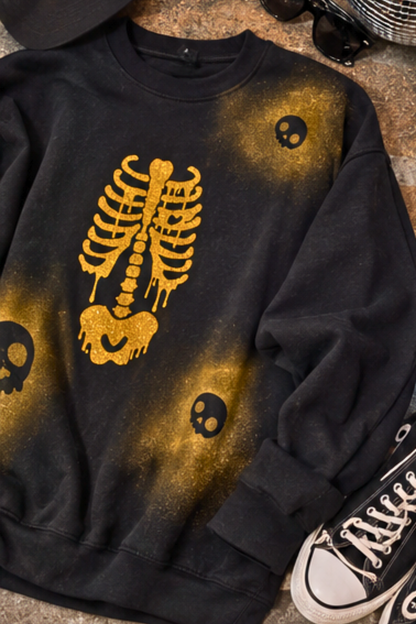 Golden Bones Hand-Painted Skull Sweatshirt | Black Unisex Graphic Sweatshirt