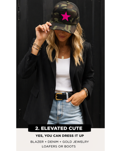 Camo Star Trucker Hat – Camo Hat with Bold Pink Neon Star
