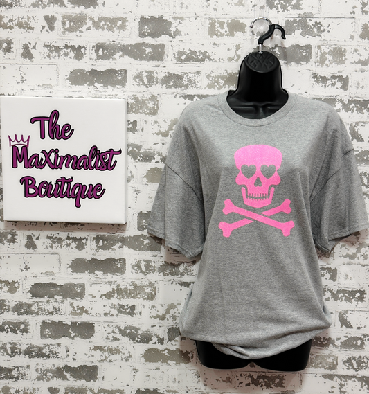 Glitter Skull T-Shirt – Heather Gray Tee with Pink Sparkle for Edgy Glam