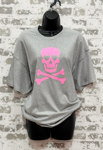 Glitter Skull T-Shirt – Heather Gray Tee with Pink Sparkle for Edgy Glam