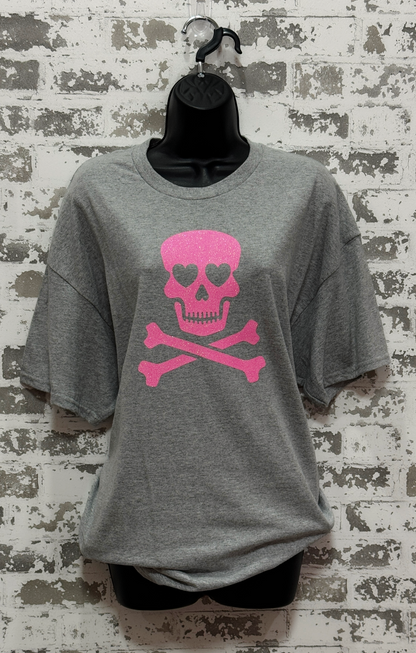 Glitter Skull T-Shirt – Heather Gray Tee with Pink Sparkle for Edgy Glam
