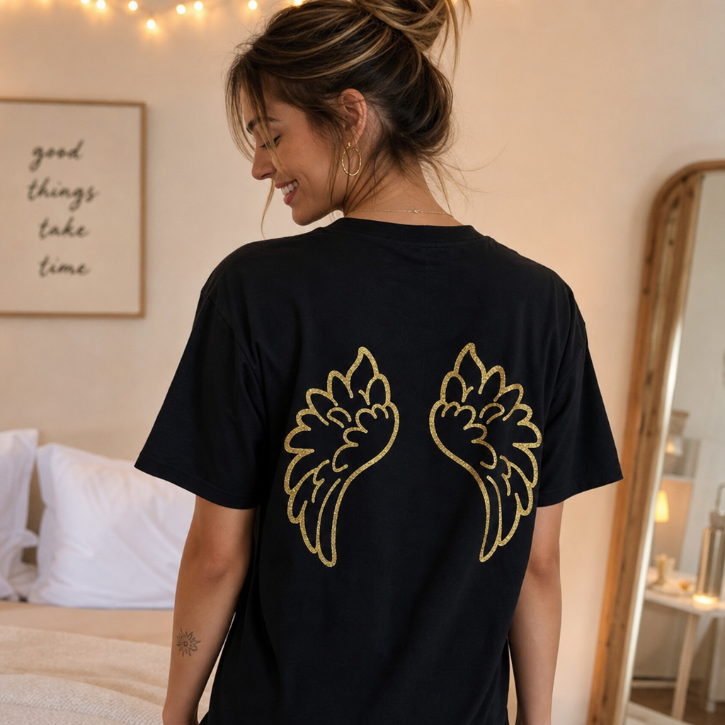 Woman wearing a black t-shirt with gold wings on the back in a bedroom setting.