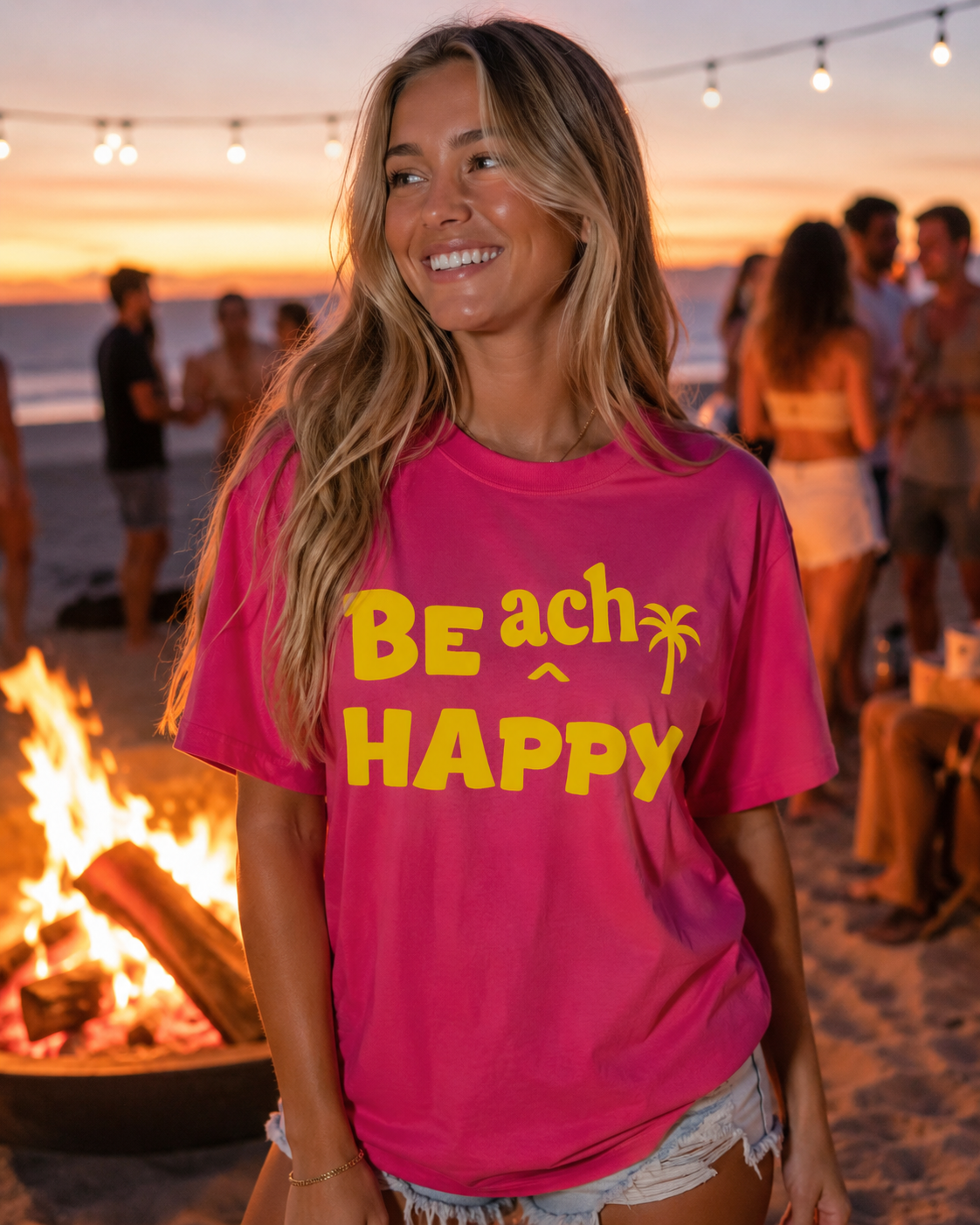Model wearing a hot pink shirt with bright yellow "BE ach HAPPY" graphic