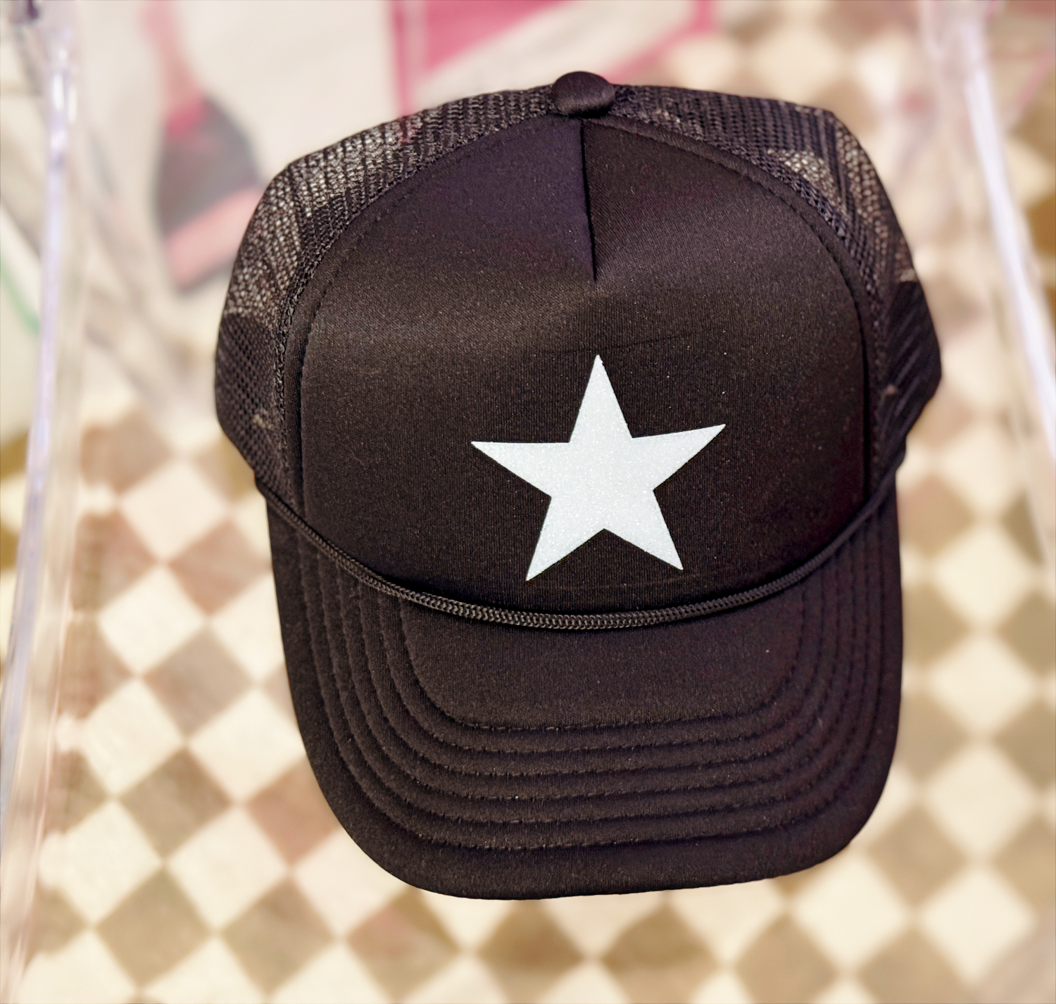 Black Trucker Hat – White Glitter Star Graphic for Sleek, Cosmic Style