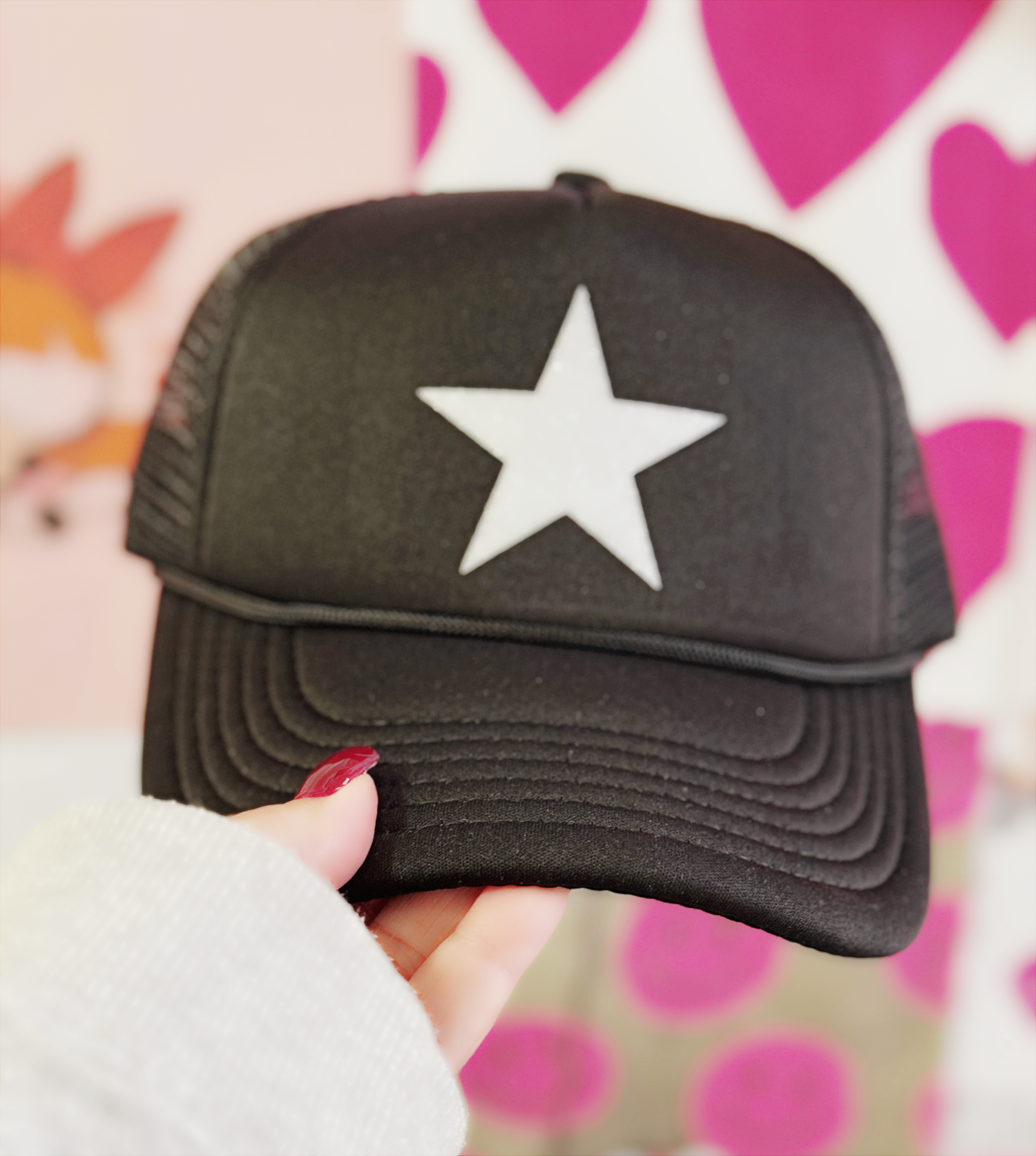Black Trucker Hat – White Glitter Star Graphic for Sleek, Cosmic Style