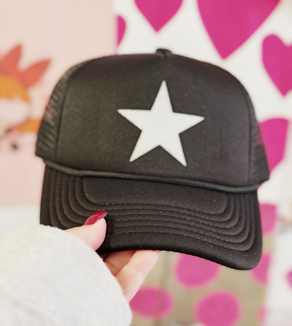 Black Trucker Hat – White Glitter Star Graphic for Sleek, Cosmic Style
