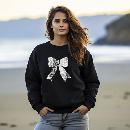 Bold & Cozy | Black Sweatshirt with Silver & Black Leopard Bow
