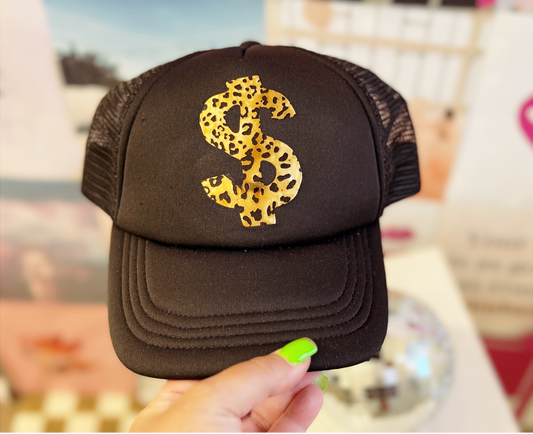 Bold & Fierce | Trucker Hat with Leopard Print Dollar Sign Graphic