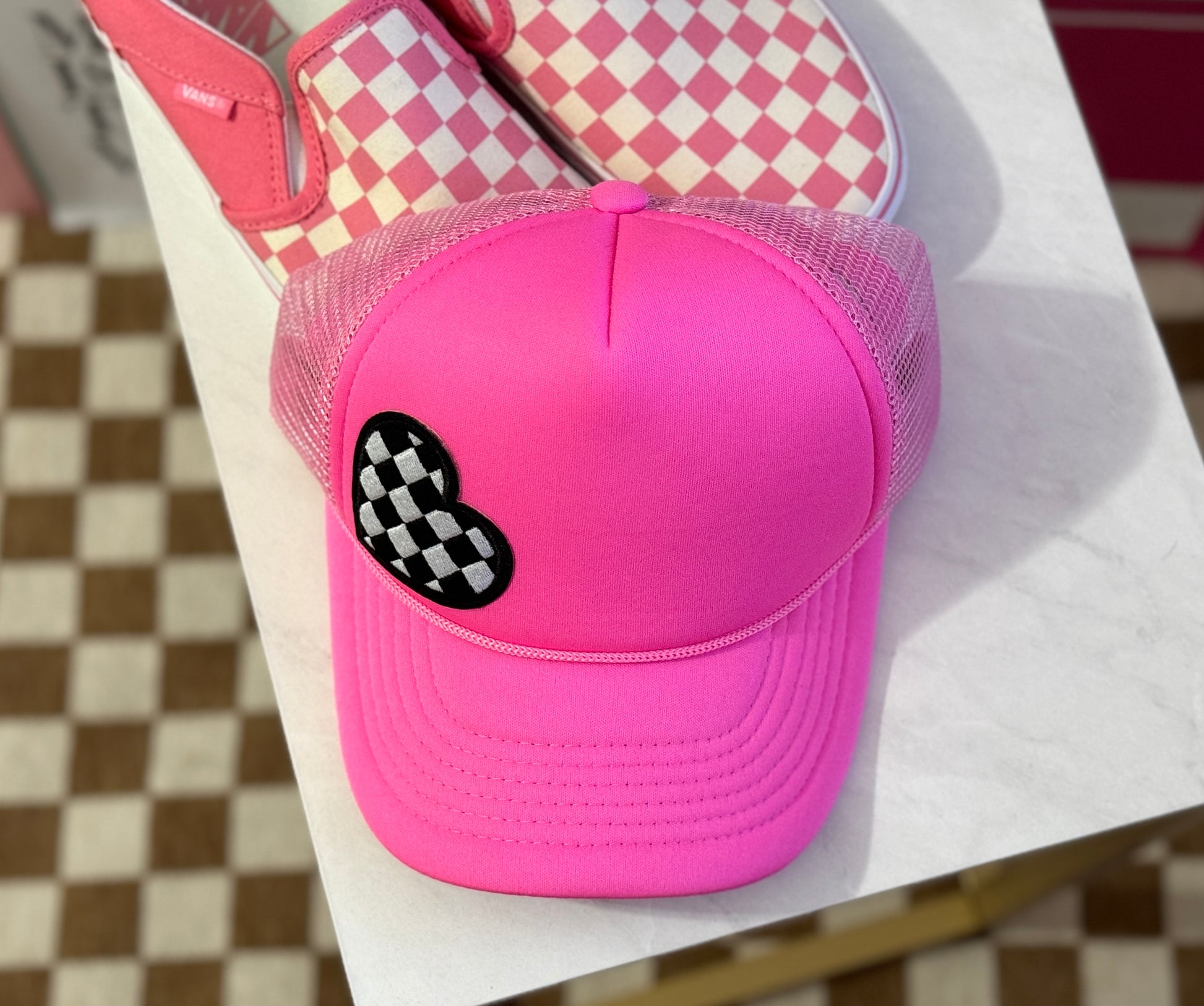 Bold & Playful | Neon Pink Trucker Hat with Checkered Heart Patch
