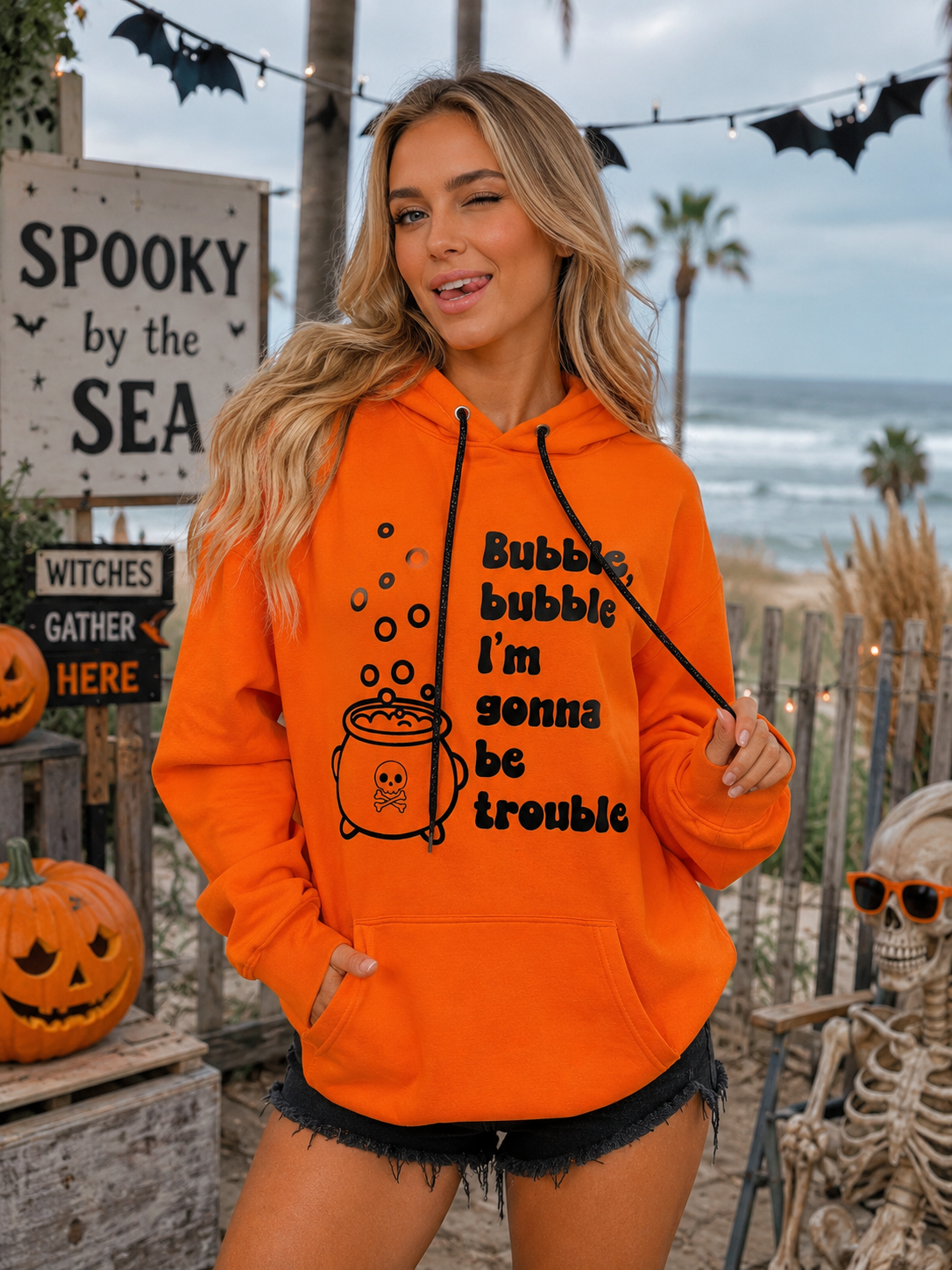 A woman wearing a bright orange hoodie with a black graphic of a cauldron and the text 'Bubble bubble I'm gonna be trouble' stands outdoors at a beach-themed Halloween display with pumpkins, signs, and a skeleton.