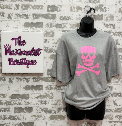 Glitter Skull T-Shirt – Heather Gray Tee with Pink Sparkle for Edgy Glam