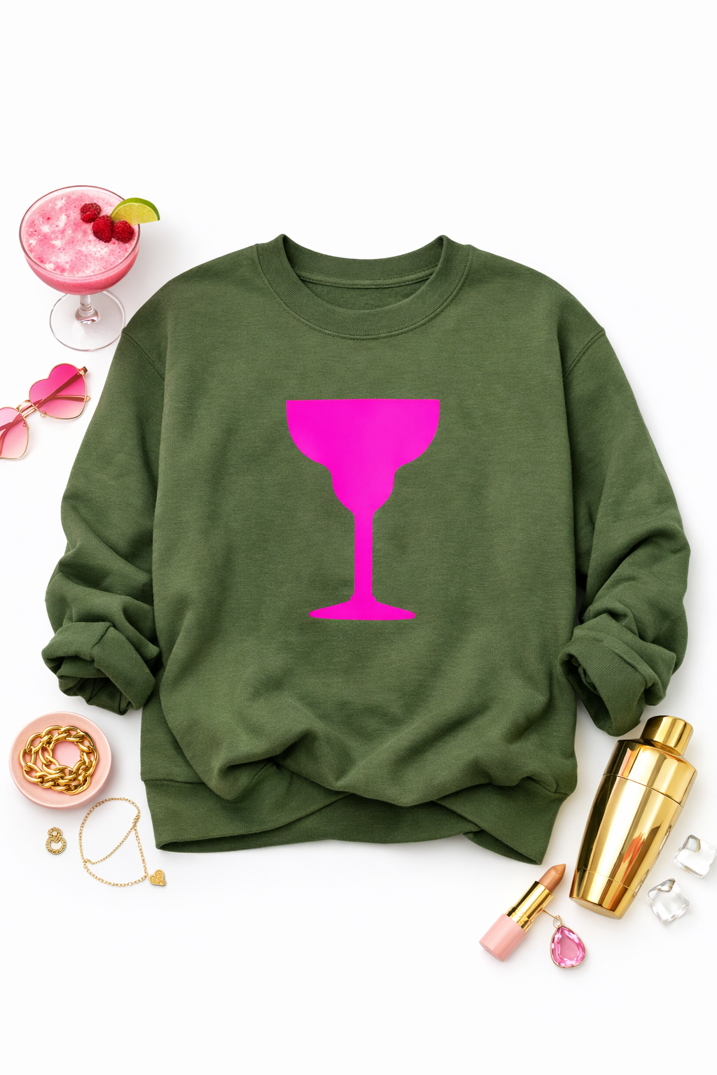 Camo Cocktails Glow Up Sweatshirt – Camo Green Pullover with Neon Pink Cocktail Graphic