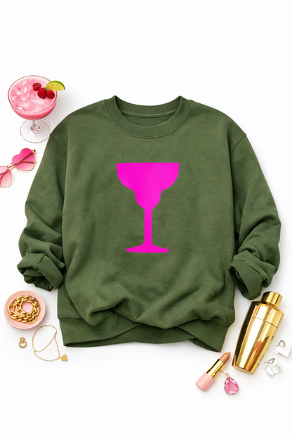 Camo Cocktails Glow Up Sweatshirt – Camo Green Pullover with Neon Pink Cocktail Graphic