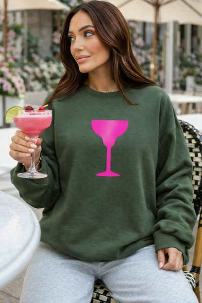 Camo Cocktails Glow Up Sweatshirt – Camo Green Pullover with Neon Pink Cocktail Graphic