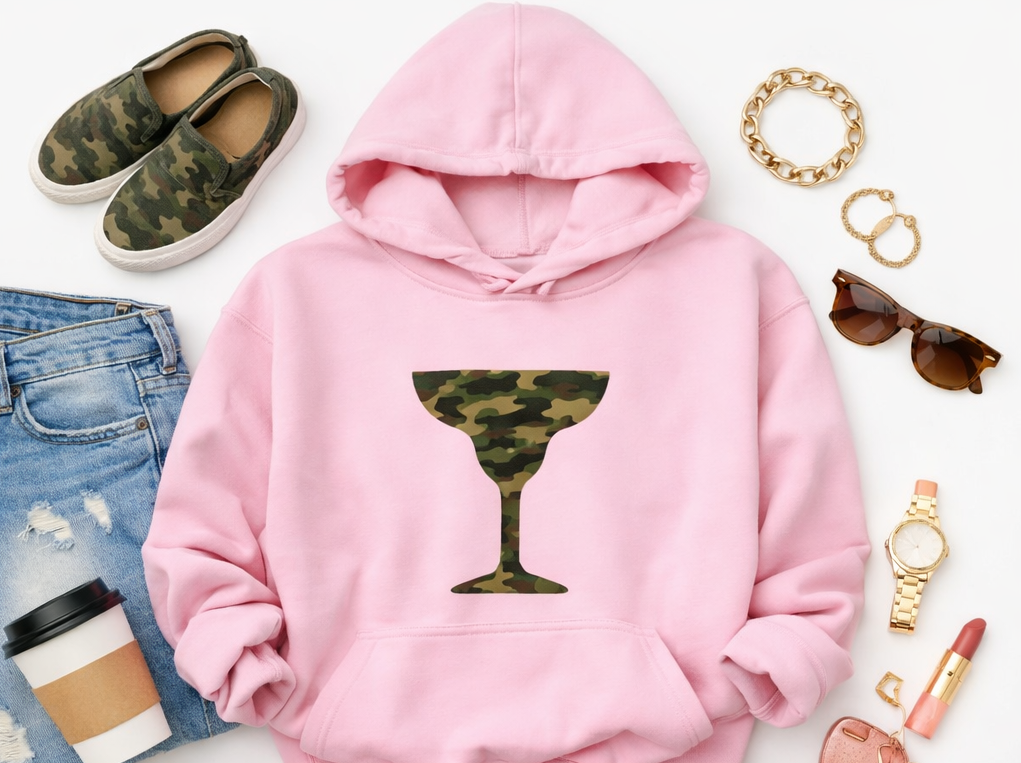 Camo Cocktails Glow Up Hoodie – Pale Pink Pullover with Green Camo Cocktail Graphic