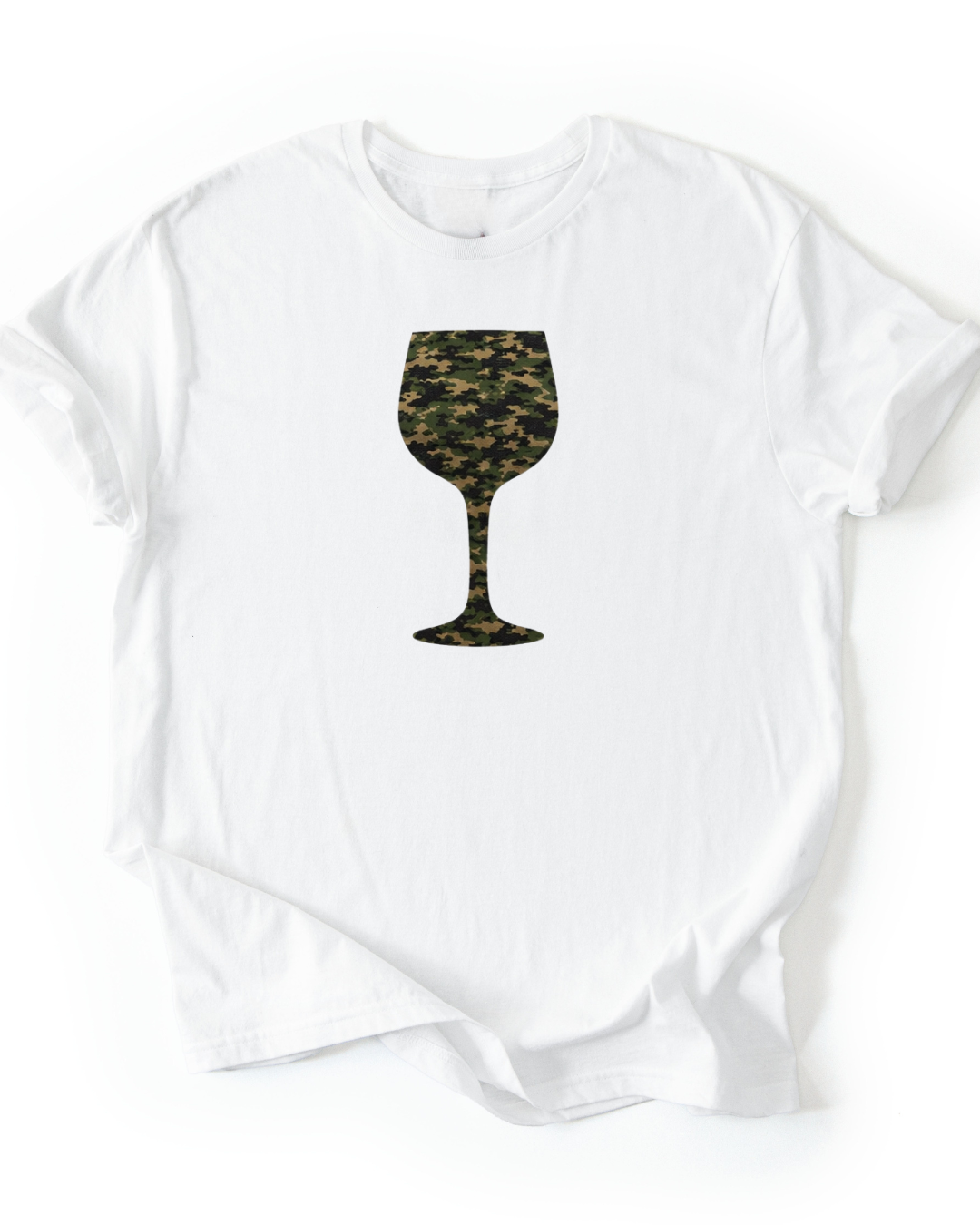 White t-shirt with a camouflage wine glass graphic on a white background