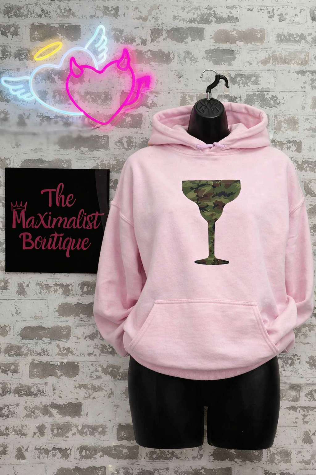 Camo Cocktails Glow Up Hoodie – Pale Pink Pullover with Green Camo Cocktail Graphic