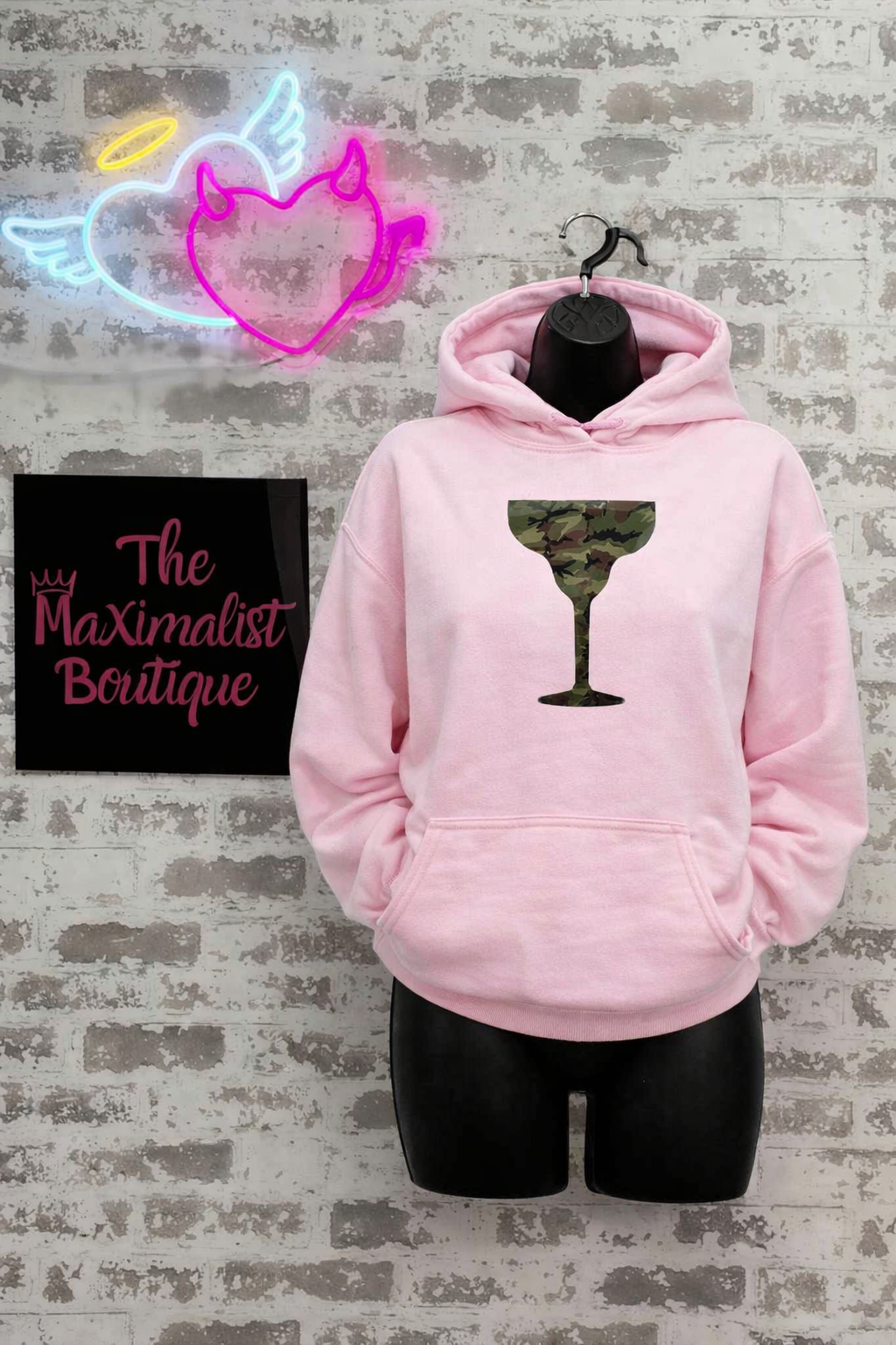 Camo Cocktails Glow Up Hoodie – Pale Pink Pullover with Green Camo Cocktail Graphic