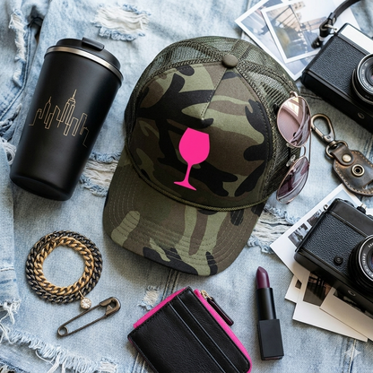 Camouflage cap with pink wine glass design, black tumbler, camera, wallet, lipstick, and jewelry on a textured surface.