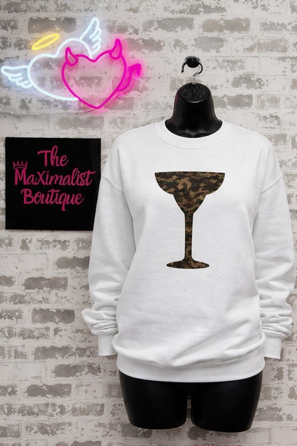 Camo Cocktails Sweatshirt – White Pullover with Camouflage Cocktail Graphic